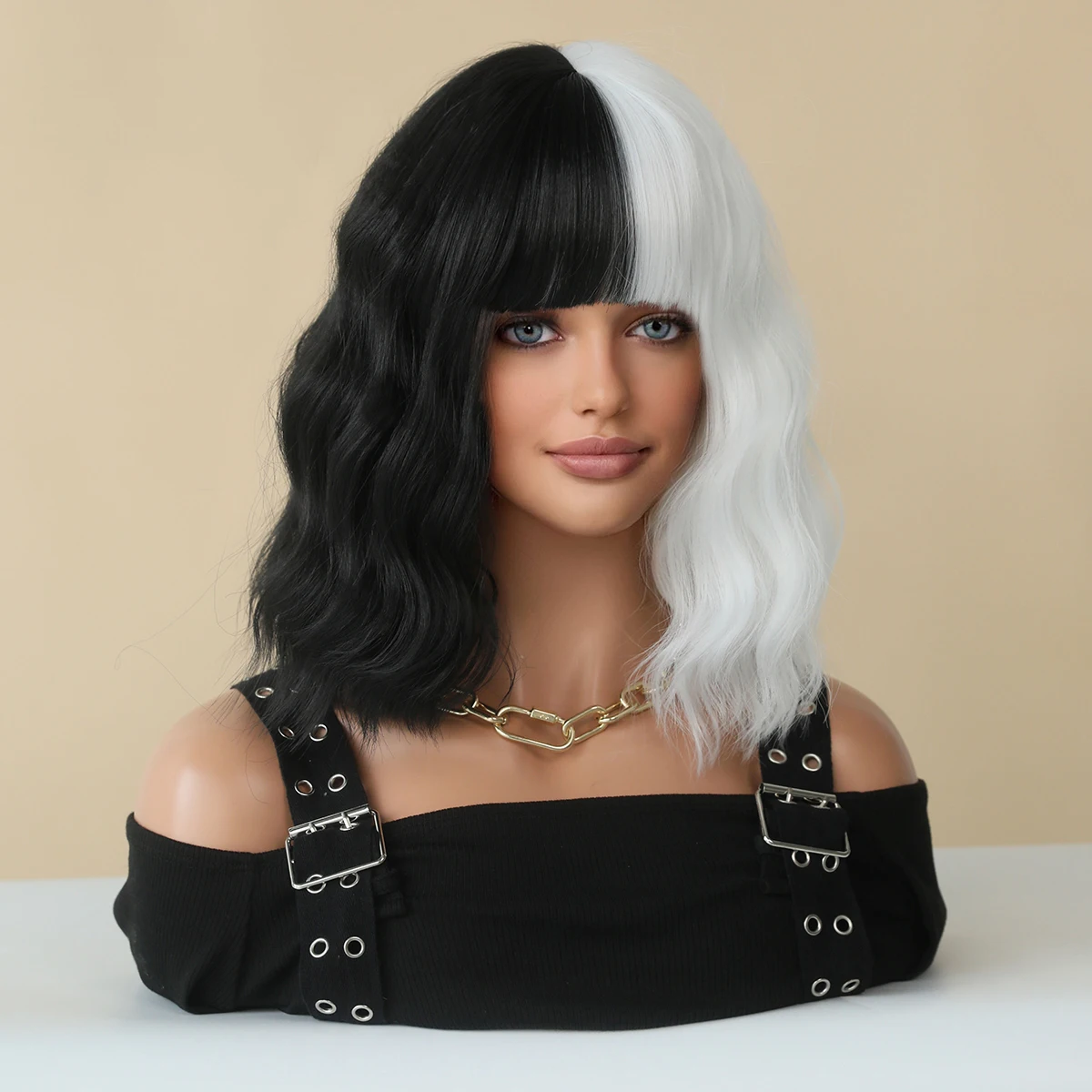 Namm halloween cosplay peruca de cabelo sintético preto com branco natural bob ondulado peruca com franja cruella diabo perucas para uso feminino