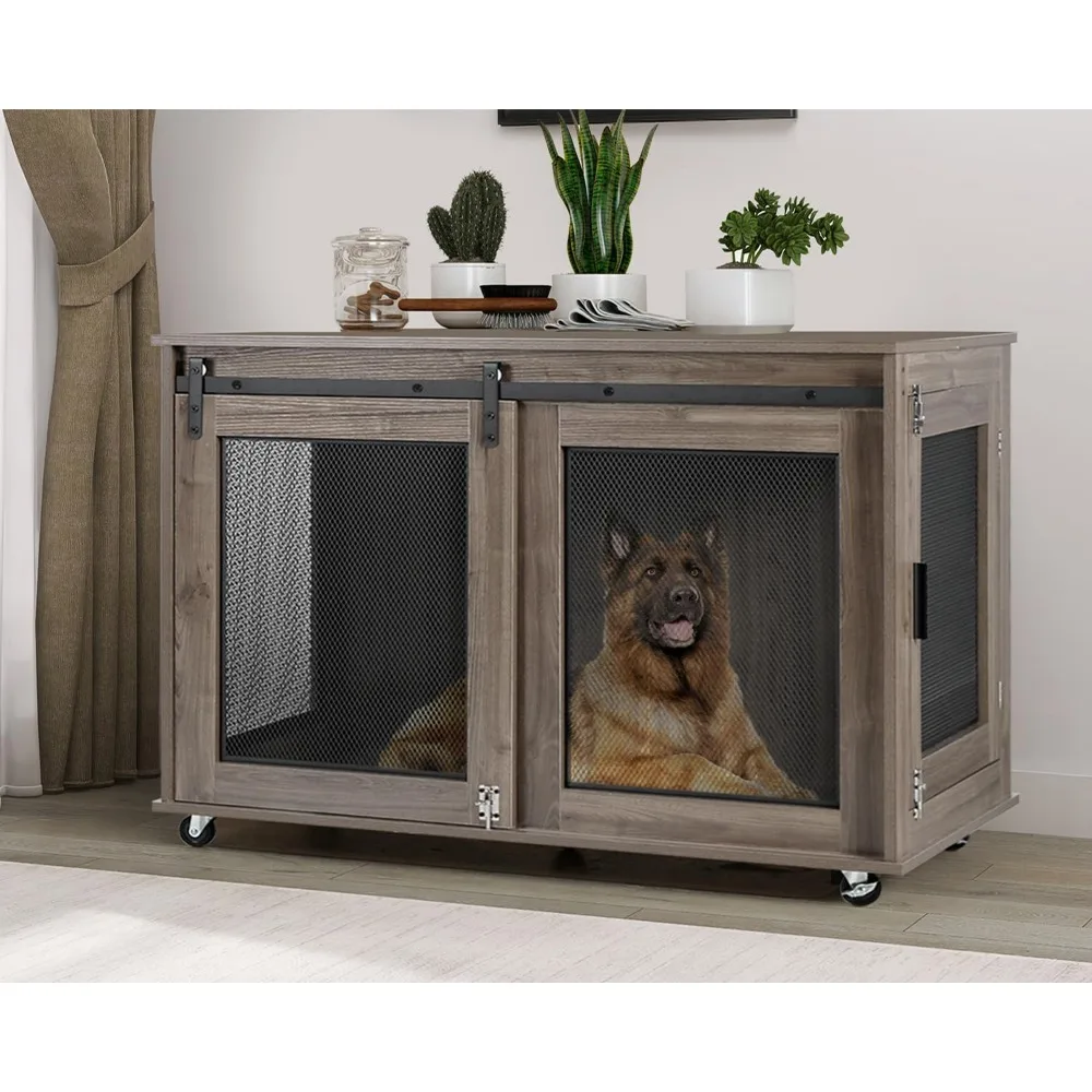 

47 Inch XL Dog Crate Furniture, Wooden Heavy Duty Dog Kennel Indoor, Decorative Dog Cage Table for Extra Large Dogs, with Slidi