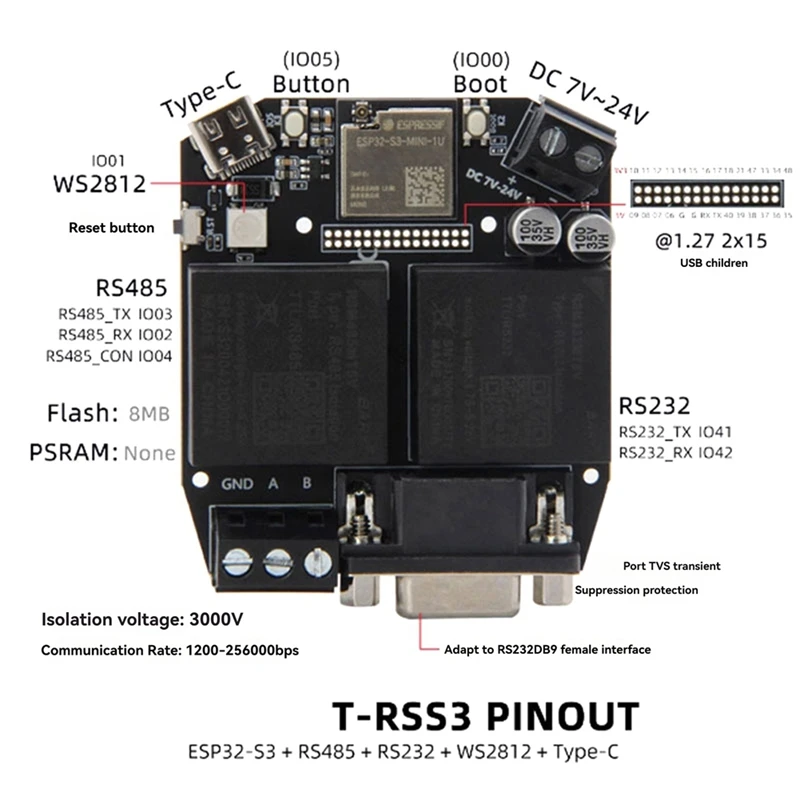 T-RSS3 ESP32-S3 Development Board RS232 RS485 5V Module on-Board WS2812 Wi-Fi Bluetooth 5.0 Typs C RSM232MT5V RSM485MT5V-A51M
