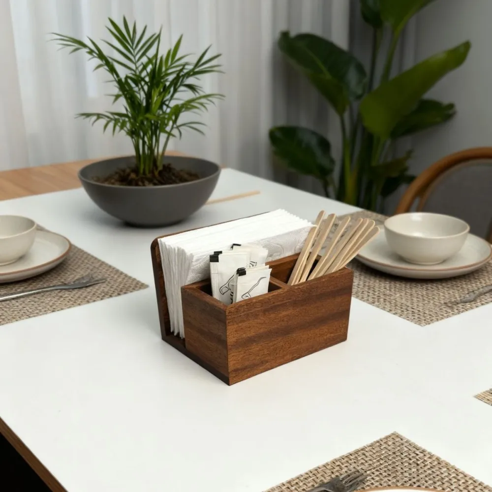 Ebony Wood Cutlery Organizer And Napkin Storage Case Tabletop Tray For Modern Restaurant Hotel Dining Decor