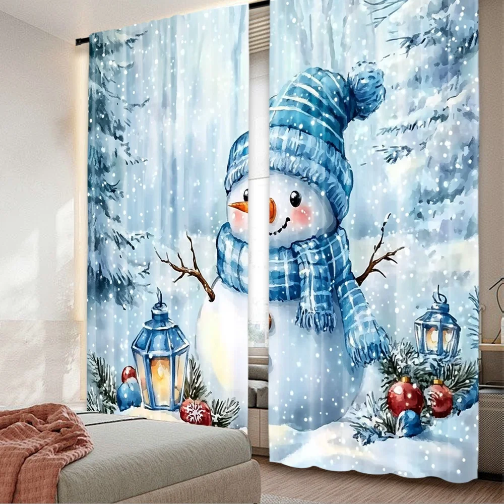 2D-Flachdruck, 2 Stück, Weihnachtsvorhänge, Cartoon-blaue Weihnachtsmütze, Schneemann-Druck, digital bedruckte Polyester-Vorhänge, festlicher Urlaub