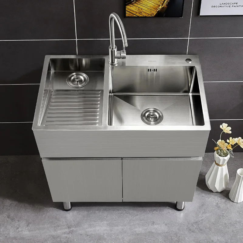 Stainless steel laundry sink sink cabinet with rubbing floor washbasin solid wood bathroom cabinet combination