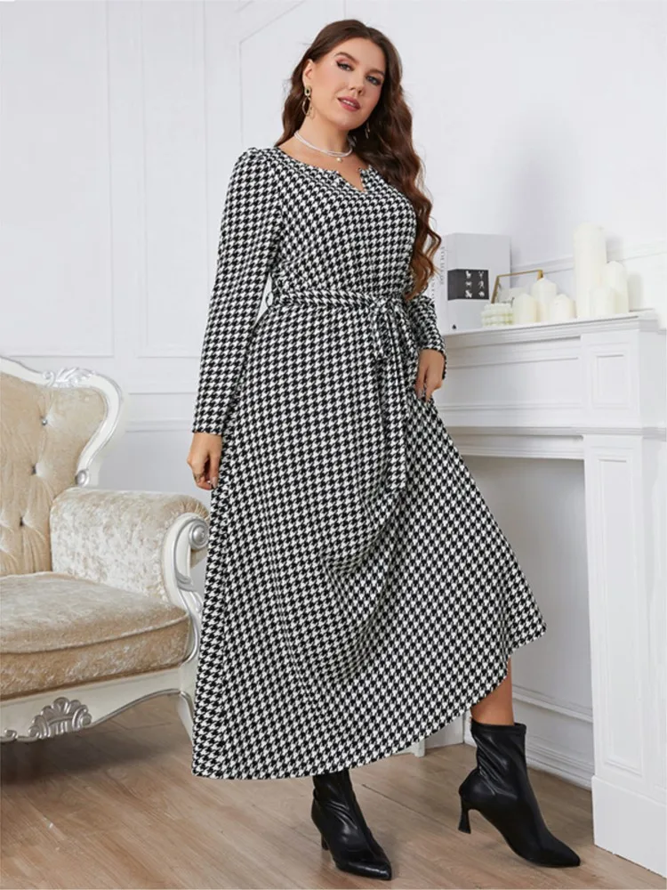 Plus Size jesienna długa sukienka damska nadruk w szkocką kratę elegancka, długa rękaw sukienki damskie Casual Fashion kobieca sukienka 2023