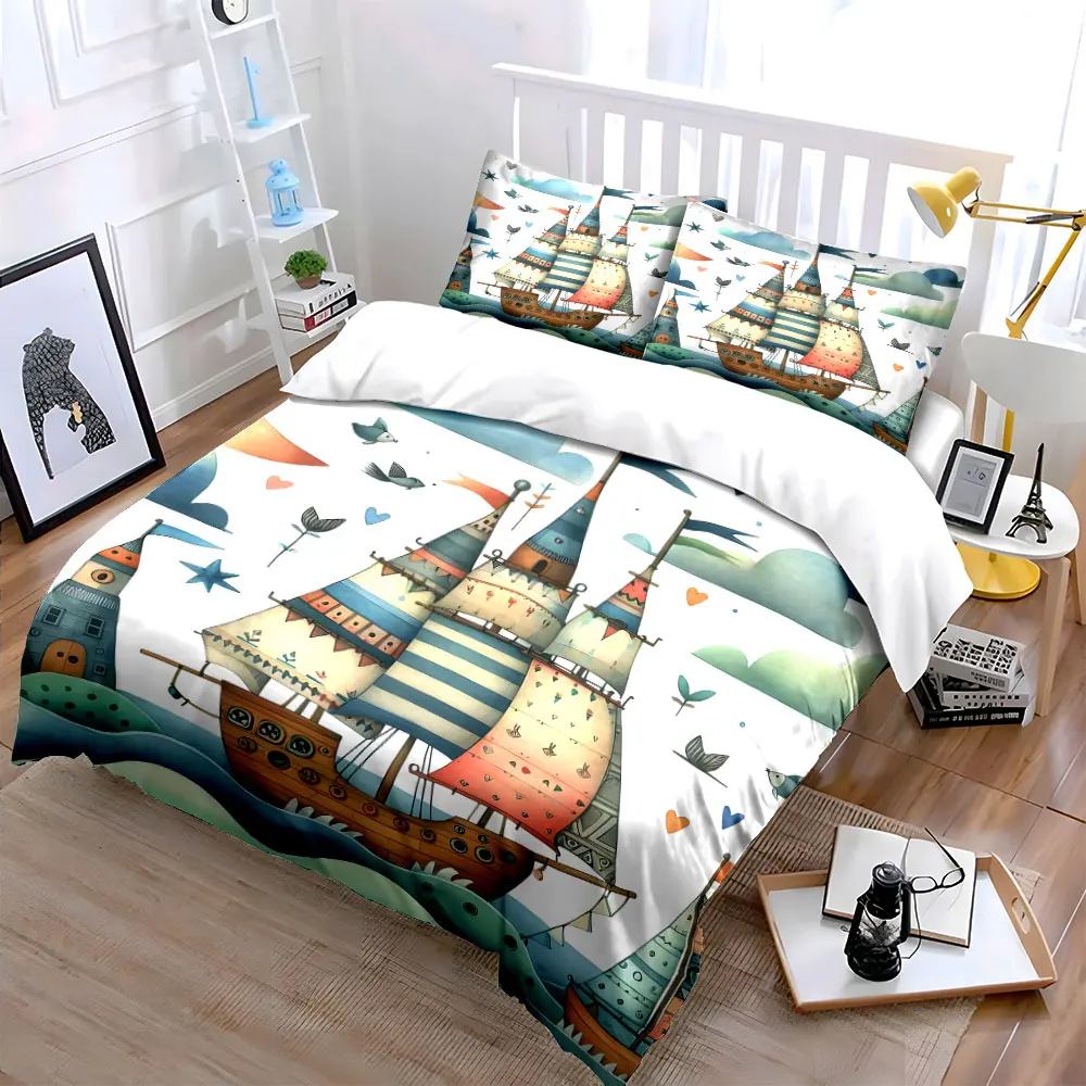 Colorful Sailing Boat Artwork Set Soft Skin-Friendly Bedding Set Includes 1 Duvet Cover And 2 Pillowcase, Gift