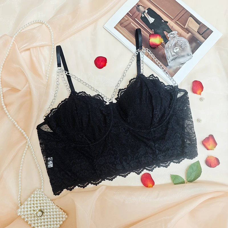 

New Lace Hollow Traf Sexy BondageChest Display Flash Diamond Chain Splicing Short Slim Fitting Suspender Women Top Clothe