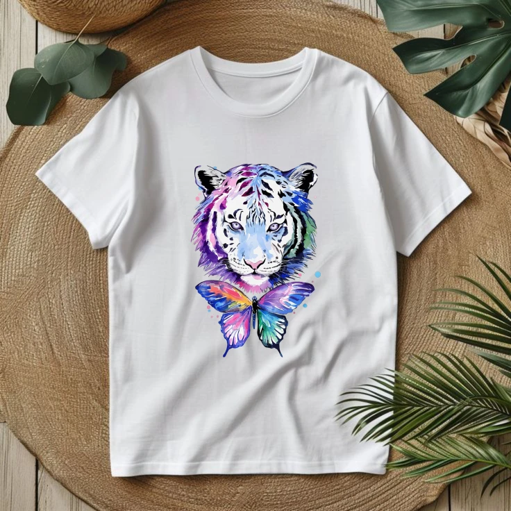 Watercolor White Tiger Butterfly Print T-Shirt, Casual Cotton Short Sleeve Tee, Colorful Animal Graphic Top Aesthetic Streetwear