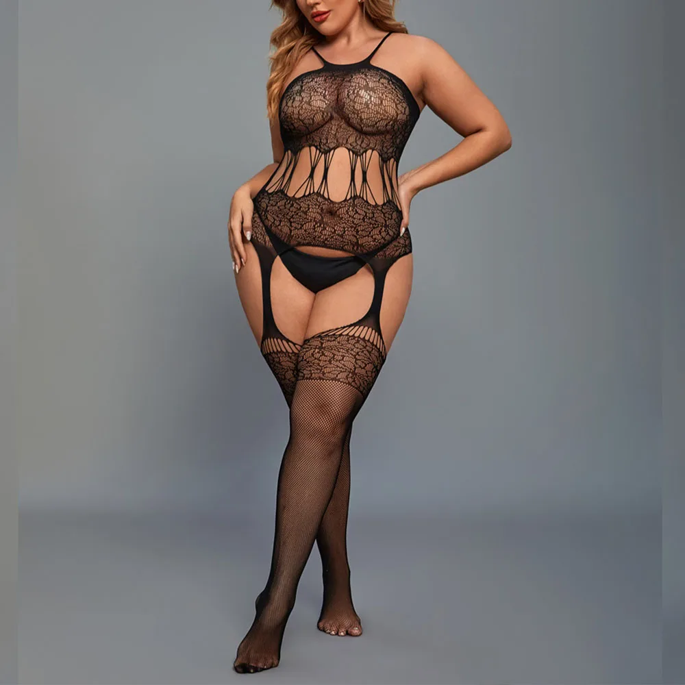

Plus Size Cut Out Lace Up Front Teddy Bodysuit Sheer Mesh Inserts Alluring Underwear for Curvy Women Nightwear Fishnet Bodysuit