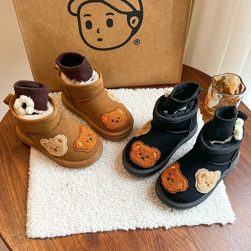 Kids Ankle Boots with Thick Plush Children Snow Boots Cute Bears 2024 Winter New Fashion Boys Girls Thermal Boots Non-slip Trend