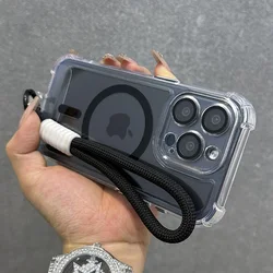 Wrist Strap Cord Clear Magnetic Case For iPhone 17 16 Pro Max 15 14 Plus 13 12 For Magsafe Wireless Charge Shockproof Soft Cover