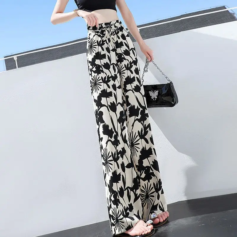 Women\'s Casual All-match Printed Wide Leg Pants Summer Fashionable Drawstring High Waist Straight Trousers New Female Clothing