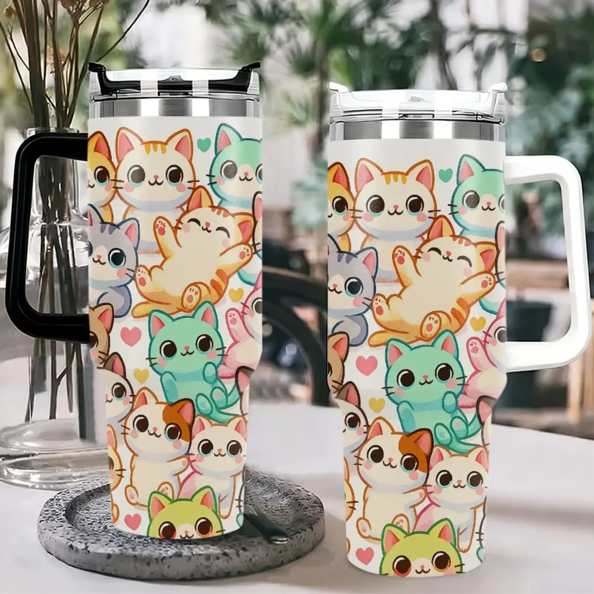 1pc of a 40-Ounce Stainless Steel Insulated Travel Mug Featuring an Adorable Cat Design, Complete with a Lockable Lid, Straw, And Cap. It Has a Sturdy Liner, Making It an Ideal Gift for Father'S Day, Teacher'S Day, Or Mother'S Day
