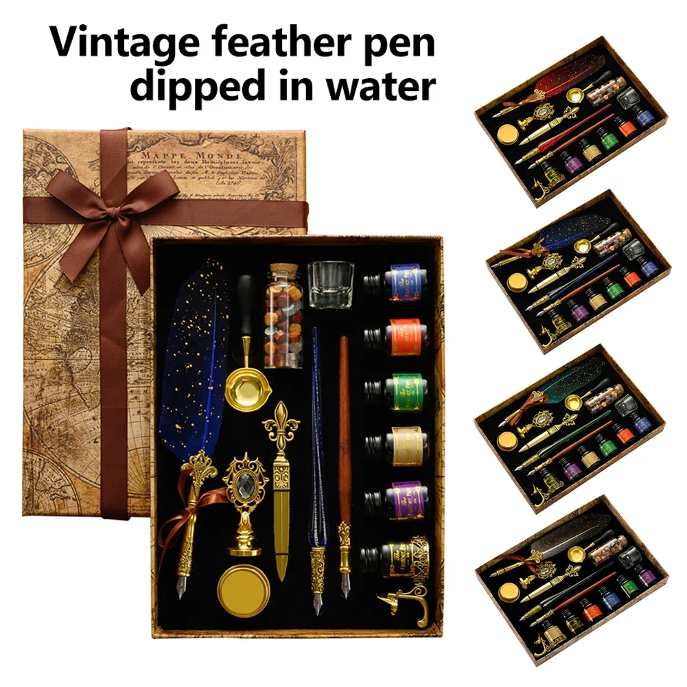 Antique Feather Dip Pen Ink Set Wax Sealing Stamp Kit Calligraphy Pen Letter Writer Pen Handwriting Feather Pen Wax Seal Stamp