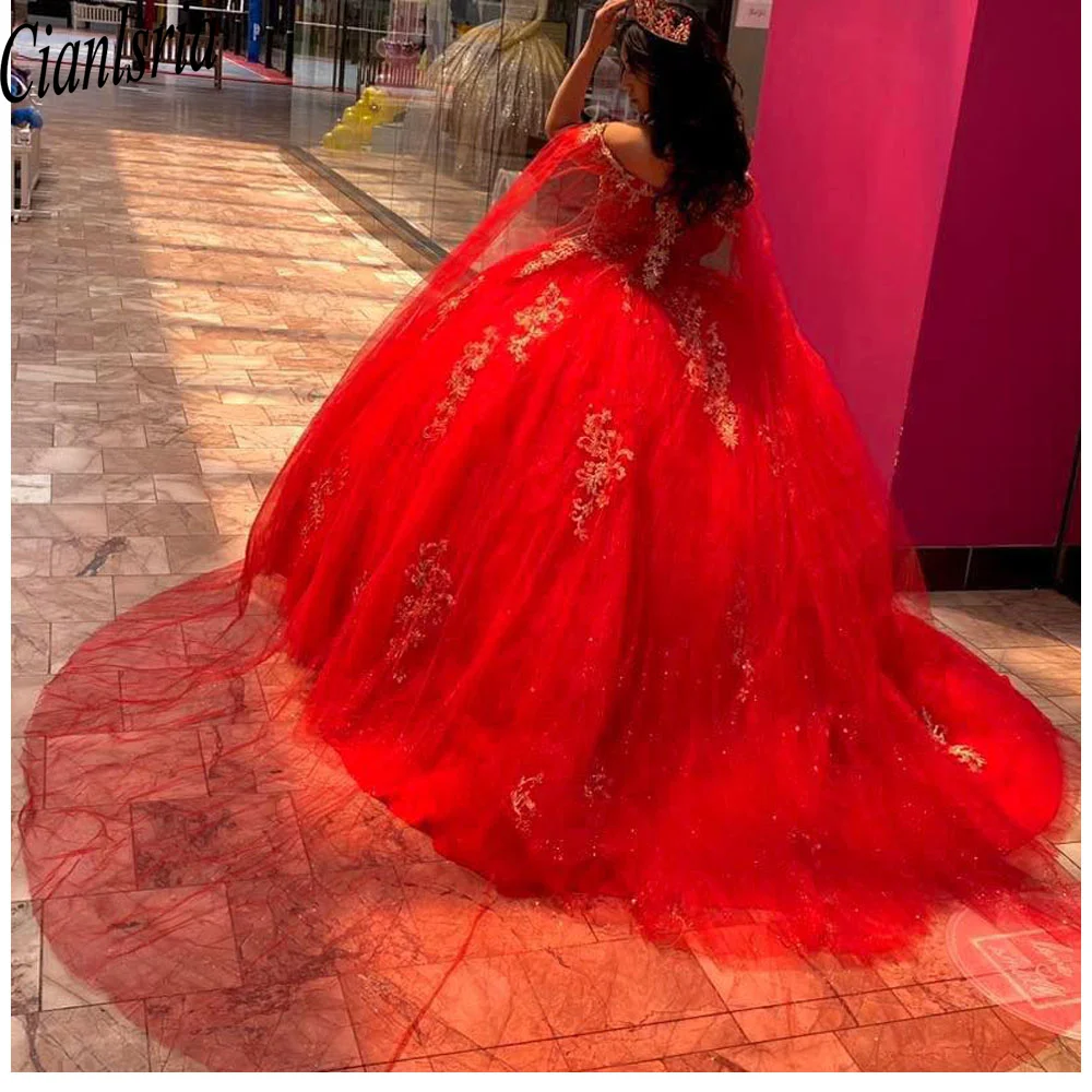 

Princess Red Ball Gown Quinceanera Dresses 2025 With Cape Sequins Appliques Beads Sweet 16 Dress Vestidos De 15 Anos Customized