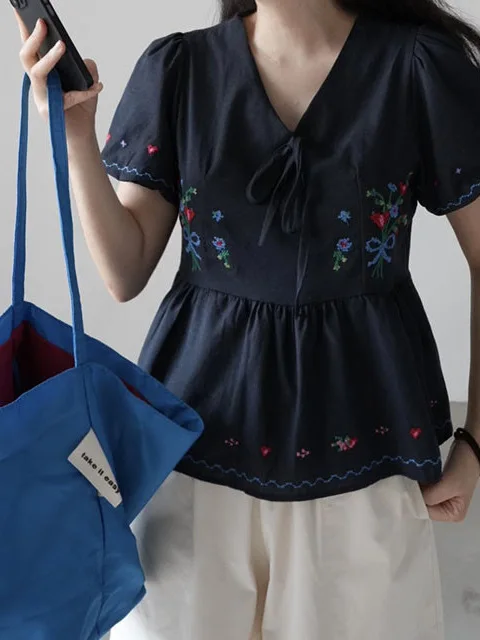 Süße bestickte irt Damen Faion Vintage Floral V-ne ort Sve Sommer Krawatte Puppe Top Altersreduzierung Kleidung