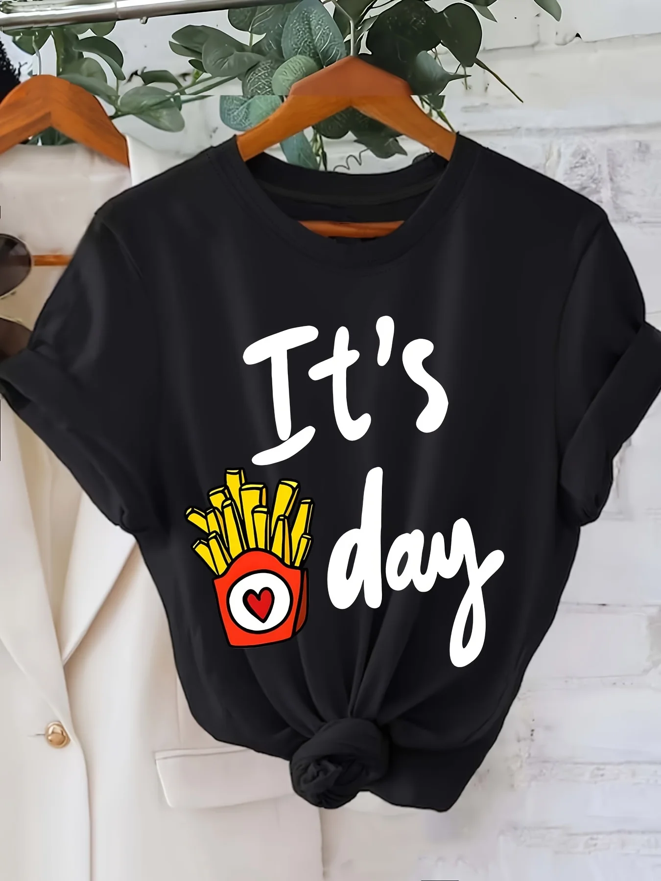 

Women'S Casual "It'S Day" French Fries Graphic T-Shirt - Short Sleeve Crew Neck, Black with Yellow Heart & French Fries Design,