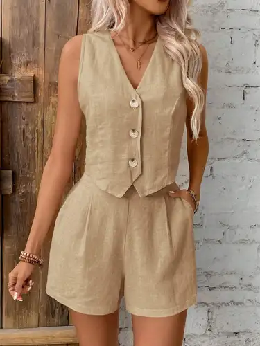 Conjunto de dos piezas de lino y algodón para mujer, chaleco informal con botones frontales y pantalones cortos, chaleco con cuello en V, novedad de 2025, conjunto de chaleco de Color puro para verano