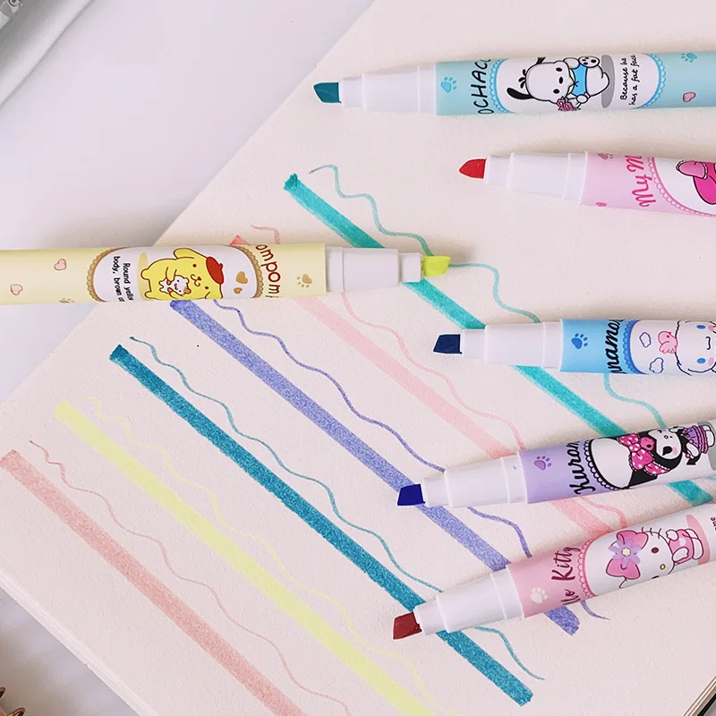 6Pcs Highlighter Pen Set Kawaii Kuromi Color Marker Pen Melody Cinnamoroll Art Fluorescent Markers Pens School Office Stationery