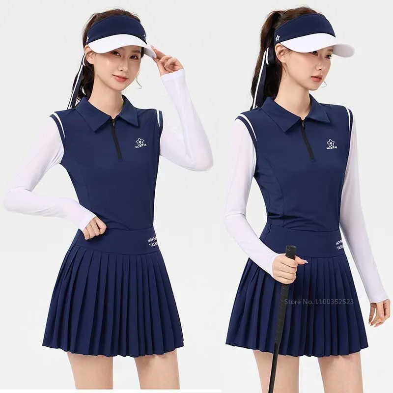 Niefle Golf Women Zipper Collar Top Ice Silk Long-sleeve Sunscreen T-shirt Breathable Sports Shirt Lady High Waist Pleated Skirt