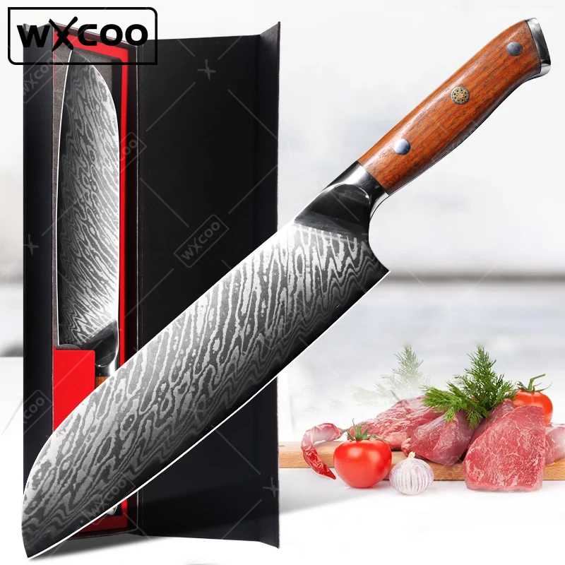 WXCOO 7-inch Damascus Steel Chef's Knife Japanese Kitchen Knives Multi-purpose Santoku Knife Meat Slicing Knife Fruit Peeler