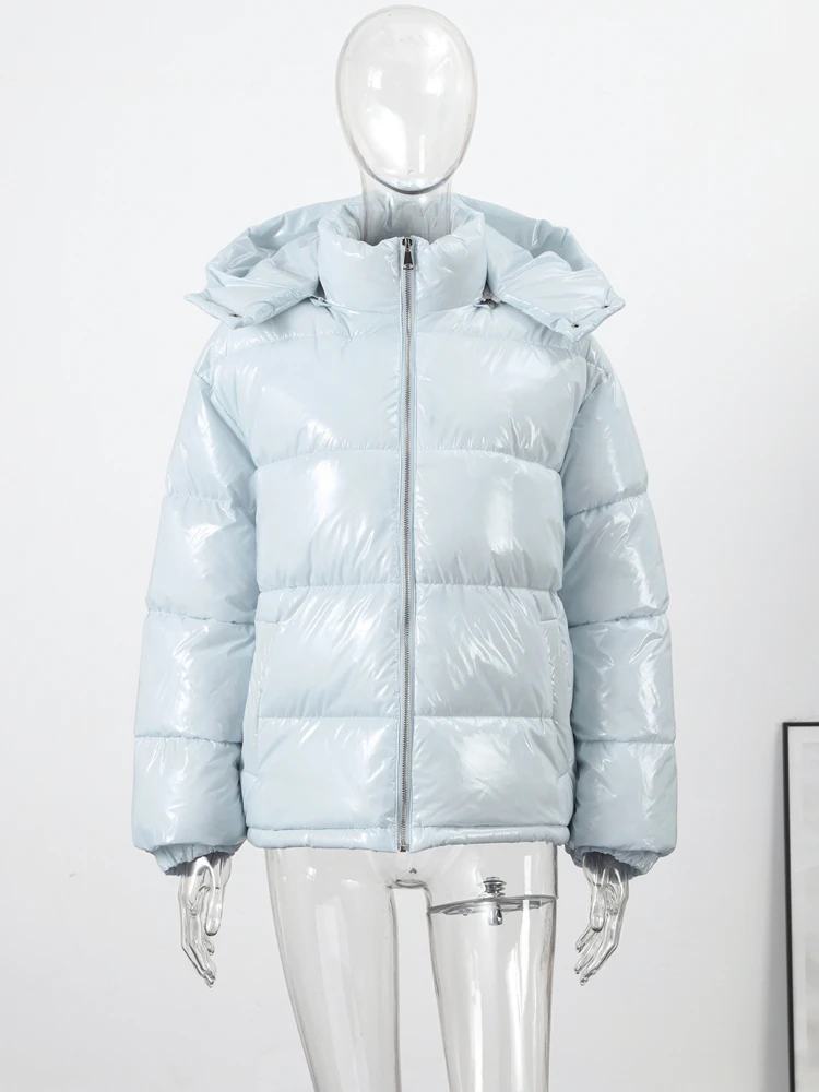 Kurze Glänzende Kapuzenjacke für Damen, Street-Style Stehkragen, Laternenärmel, Lose Passform, Modische Damenjacken, Neue Oberbekleidung – Detail 4