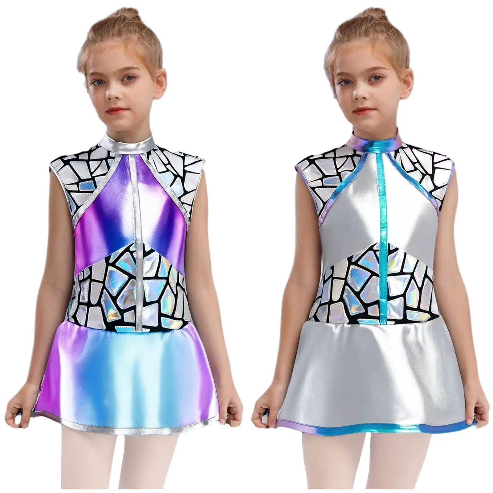 Girls Halloween Shiny Metallic Dress Outerspace Astronaut Alien Robot Cosplay Costume for Carnival Festival Cutie Anime Clothes