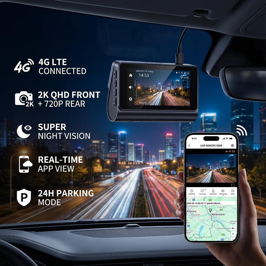 4G Live Streaming Dash Cam GPS 2K Front and 720P Rear Double Camera Night Vision 24H Parking Monitor Video Recording WiFi Share