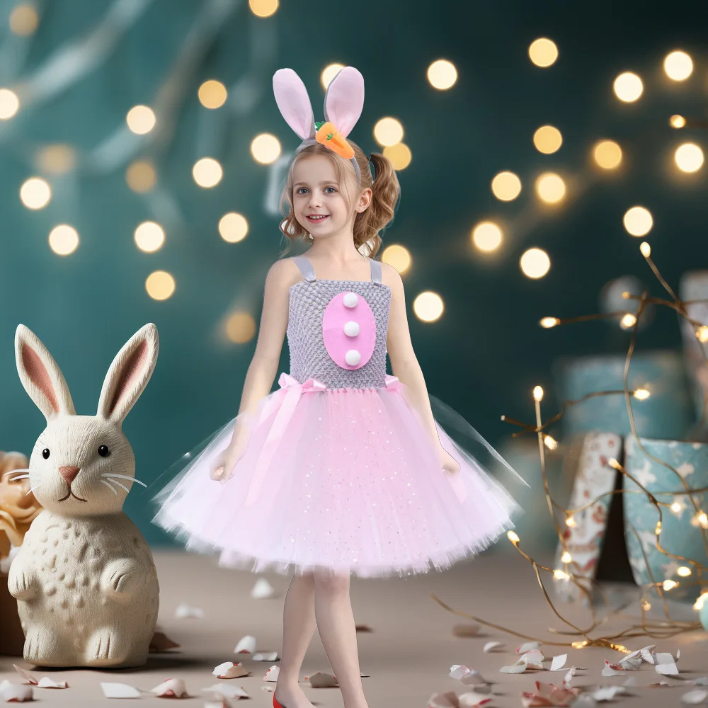 

Children's Sweet Pink Bunny Headband Dress Set Party Tutu Skirt Halloween Kids Girls Animal Performance Princess Dress Dresses