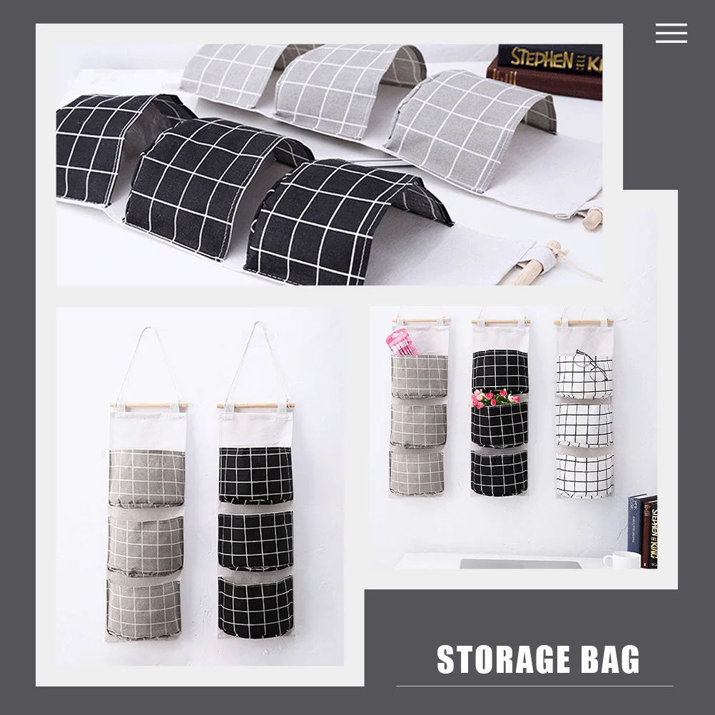 

3pcs Wall Mounted Storage Bag Cotton Linen Hanging Organizer For Bathroom Dormitory Door Space Saver Closet Hanging