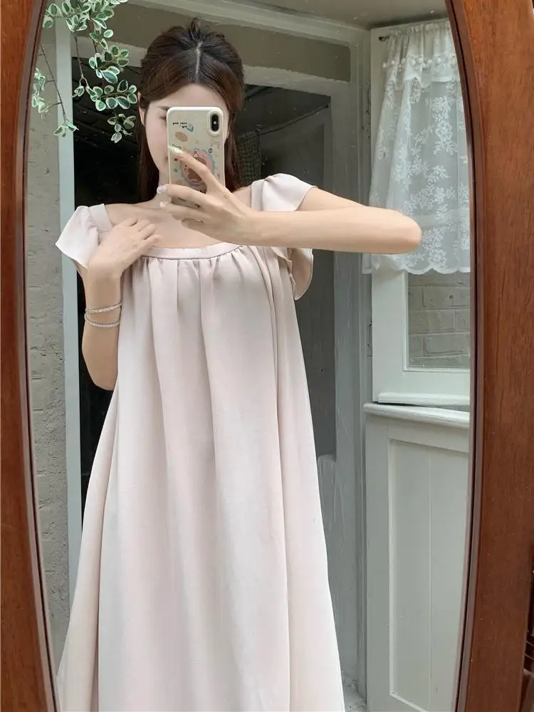 Korean version with corset ruffles halter nightgown female summer medium-length dress pajamas female square neck homewear