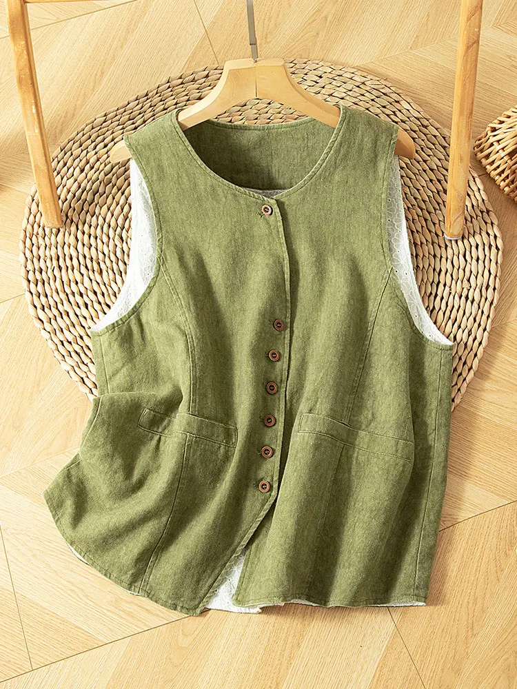 

Women's Cotton Linen Open Cardigan Vest Loose Outerwear Top round Ne Svel Fall Faion Comfortable Breathable