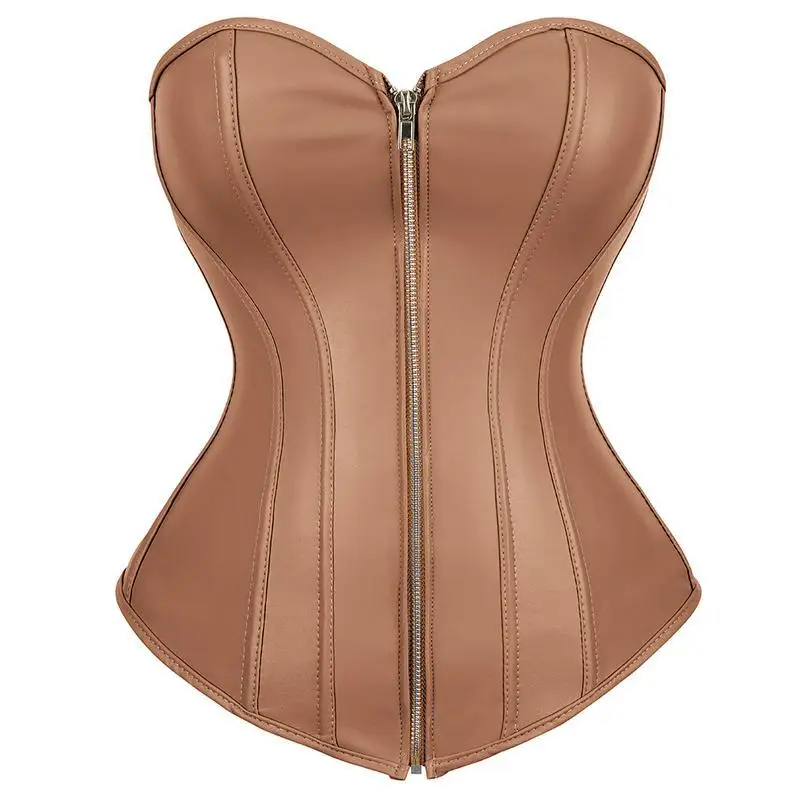 Classic Faux Leather Overbust Corset Top with Zip Women Gothic Steampunk Waist Trainer Bustier Vintage Corselet Sexy Clubwear