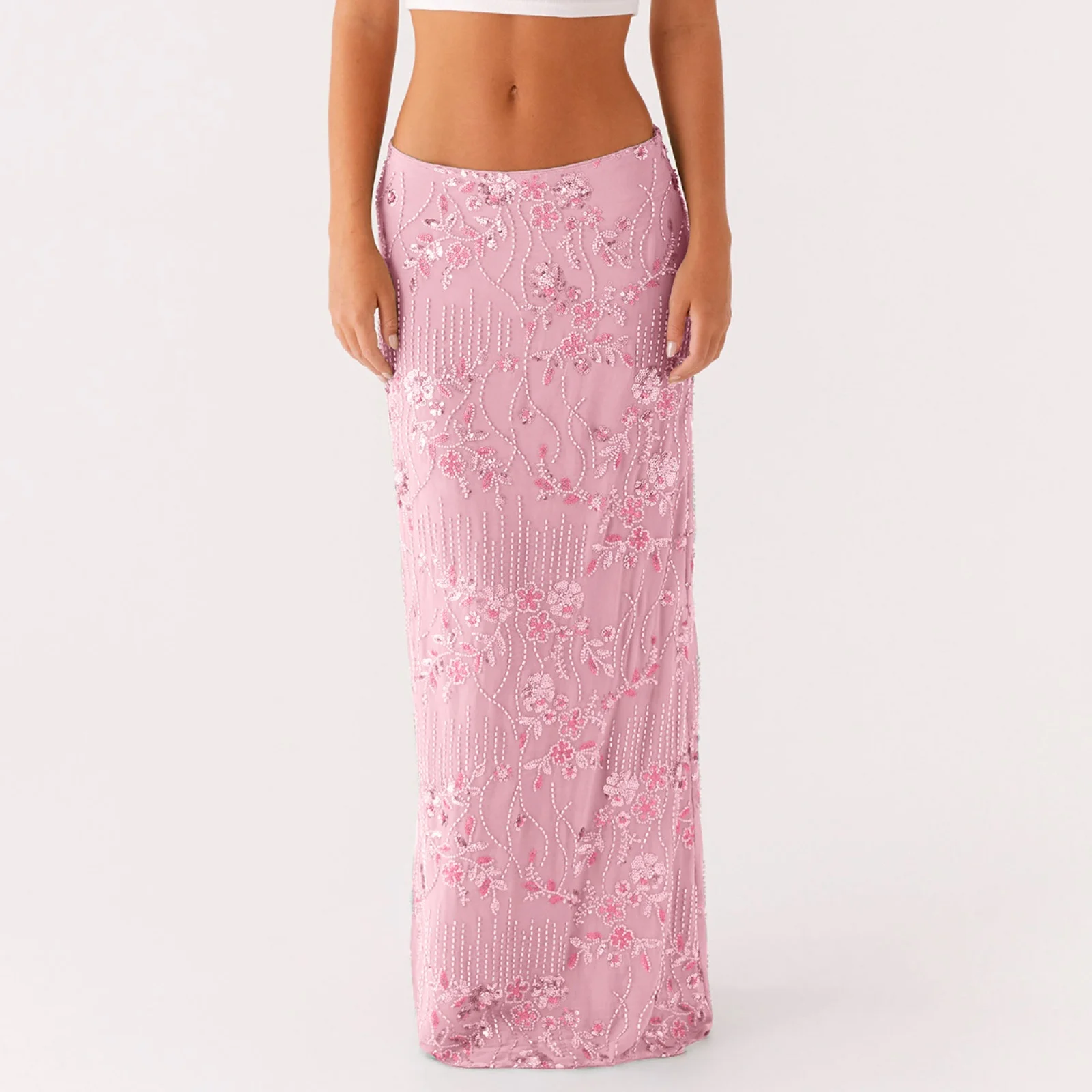 Summer New Elegant Beading Sequined Long Skirt Casual Floral Embroidery Maxi Straight Skirts Female Beach Club Streetwear