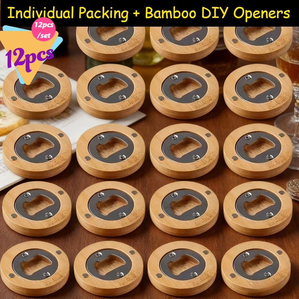12pcs Individual Packing Bamboo Bottle Opener Handmade Beer Opener for Wedding Gifts Party Favors Home Decor for Diy Printing