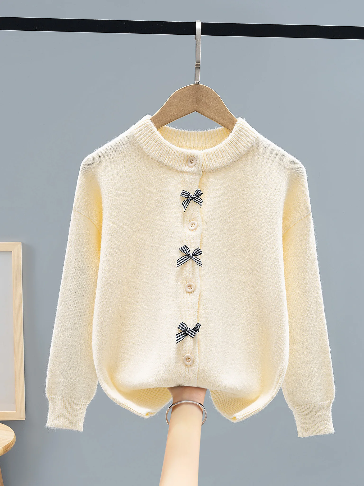 Cute Bow-Knit Cardigan for Girls - Soft Cream Sweater with Decorative Buttons, Autumn Winter Outerwear for Kids