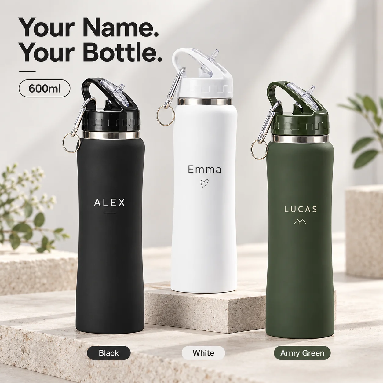 Custom Name 600ml Portable Stainless Steel Insulated Water Bottle With Flip Up Spout For Travel And Commuting Personalized Gift