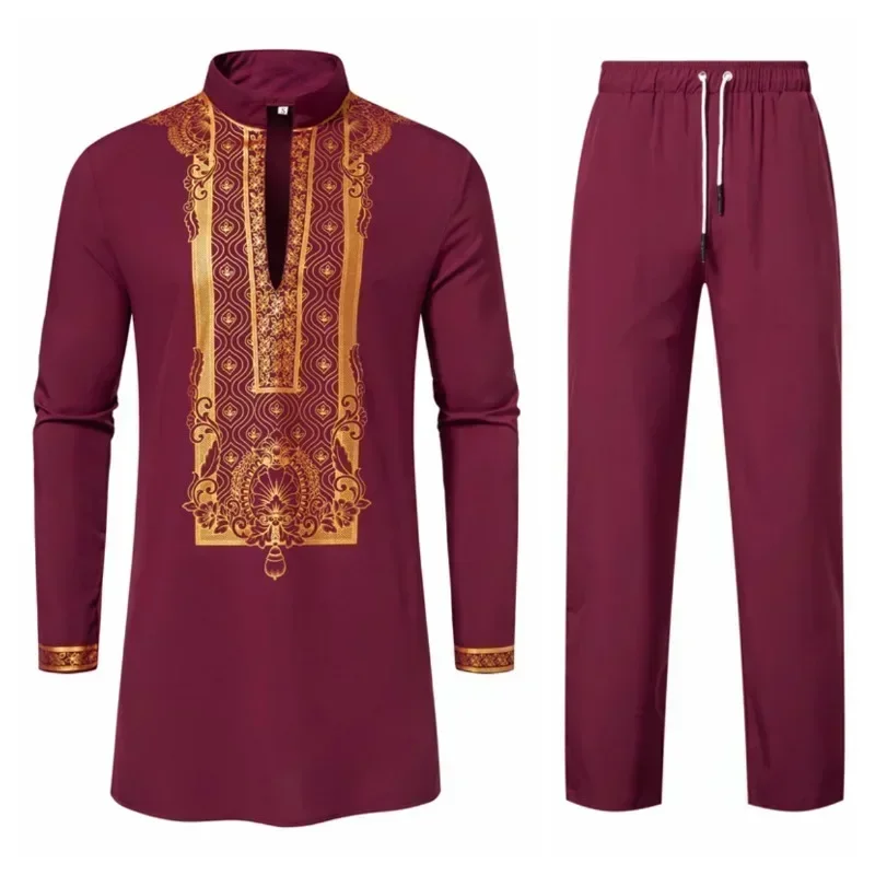 New Personality Men's Long Sleeve Shirt Sets Leisure Dinner Print Design Medium Long Clothes for Men
