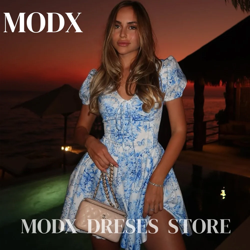 

MODX Sexy Blue and White Porcelain Mini Prom Dresses Short Puff Sleeves Birthday Party Event Dresses Formal Evening Customized