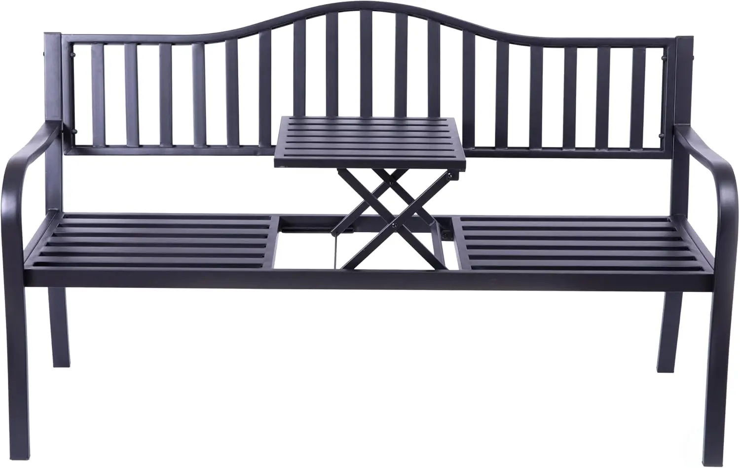 Gardenised QI003461L Outdoor Powder Coated Steel Park Bench, Garden Bench with Pop Up Middle Table, Lawn Decor Seating Bench for