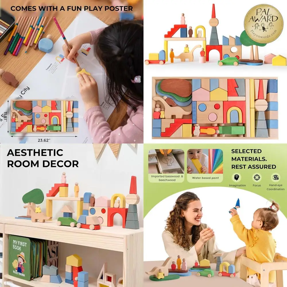 Grote houten blokken met Metropolis-thema voor peuters: educatief Montessori-speelgoed voor kinderen van 1-3 jaar, stadsgebouwstapelplezier