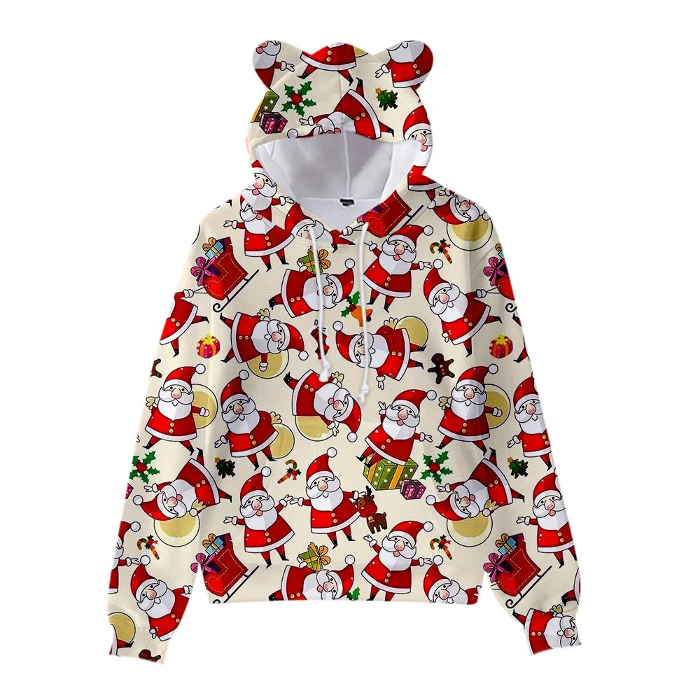 Desenhos animados de Papai Noel 3D Christmas Hoodies, orelhas de gato, crianças, crianças, adulto, pai, moda, fofo