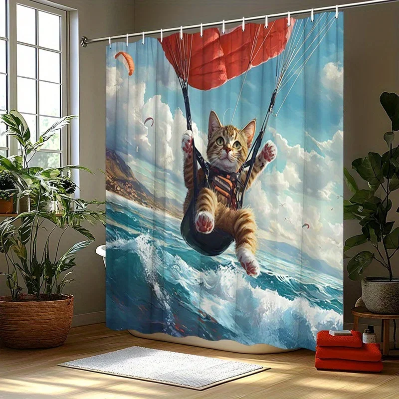 

Занавеска для душа Adventurous Cat on a Balloon Ride — водонепроницаемая, легко чистится, добавляет развлечение и химерное прикосновение.