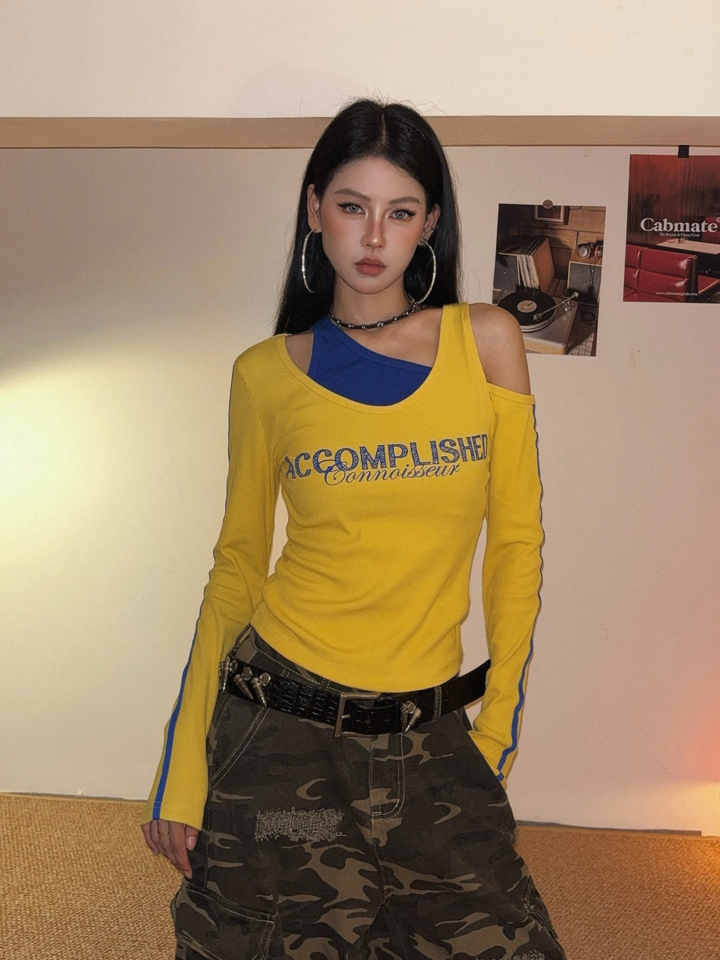 American Style Long Sleeve Shoulder Bared Slim Fit T Shirt for Women Breathable Comfortable Cotton Blend Base Layer Top
