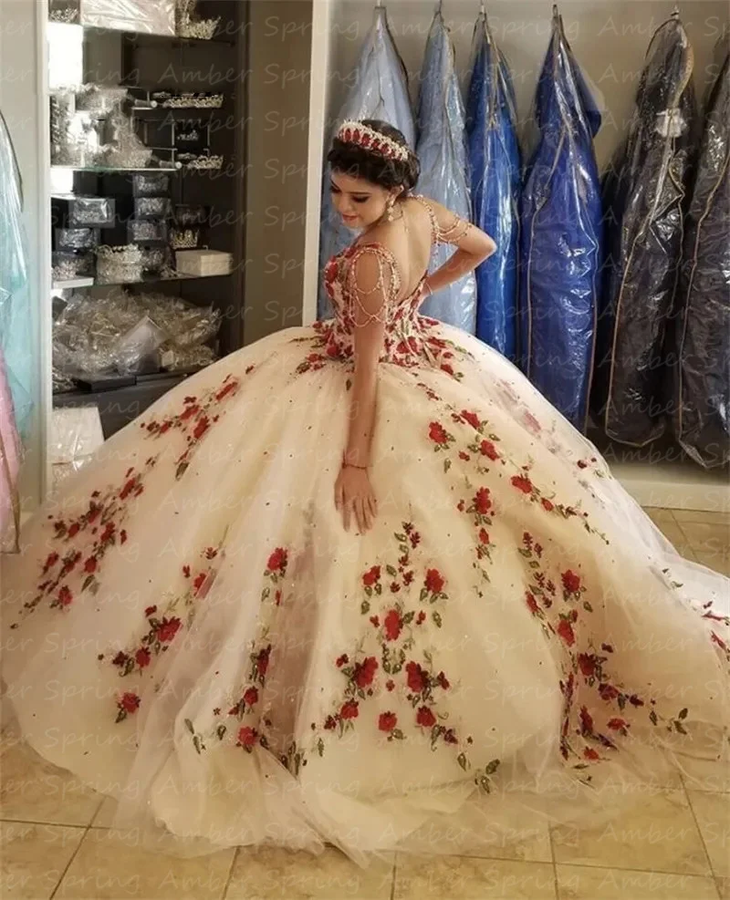 فستان Quinceanera زهري وردي ، فستان حلو برقبة على شكل V ، الأميرة 16 رداء حفلة عيد ميلاد ، 15