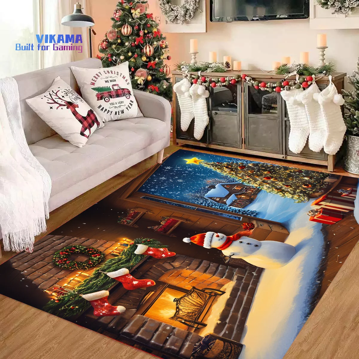 

VIKAMA Modern Christmas Snow House Small Car Circle Velvet Carpet Non-slip Living Room Sofa Stain-resistant Floor Mat Home Decor