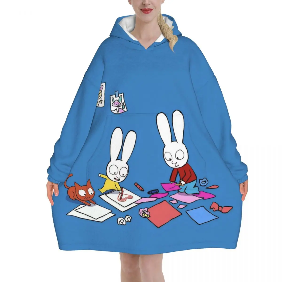 Simon Super Rabbit Oversized Blanket Hoodie Sweatshirt Long Fleece Hooded Wearable Blanket with Large Pocket for Women Men