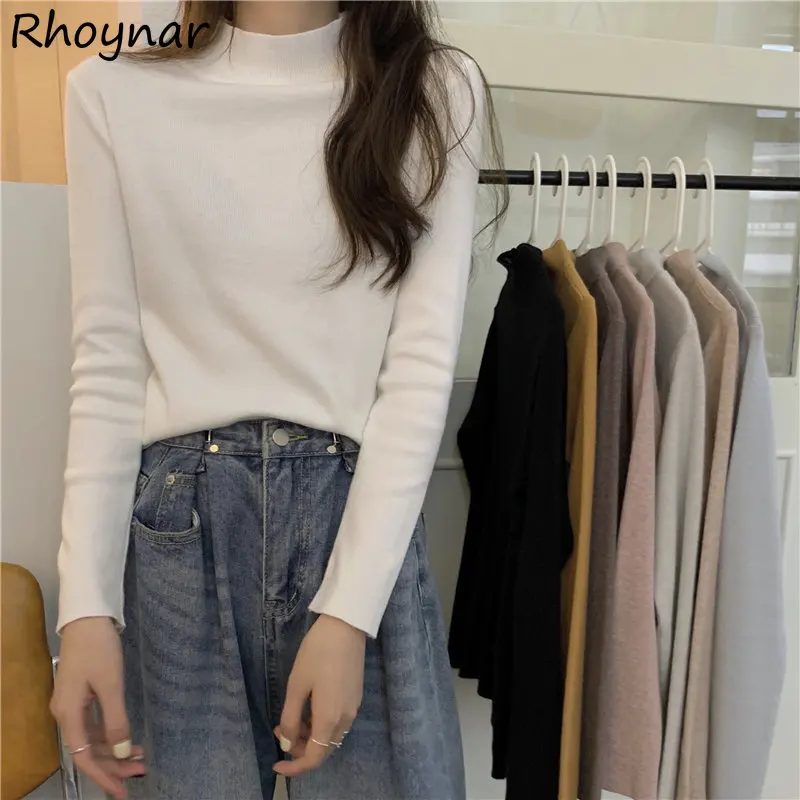 

Half High Collar Pullovers Women Casual All-match New Autumn Minimalist Basic Long Sleeve Knitted Young Girls 8-colors Simple