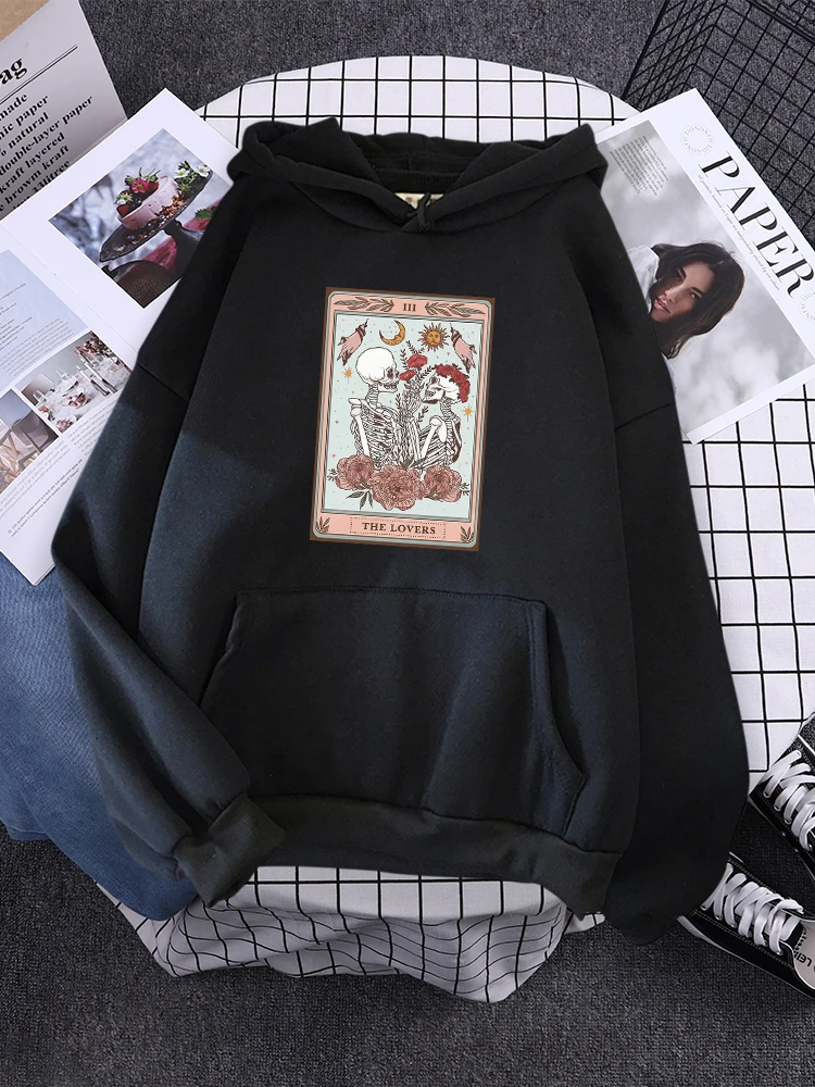 Skeleton Tarot Card The Lovers Vertical Poster Print Perfect Ideas Female Hoody Oversize Clothes Loose Hooded Autumn Tracksuit