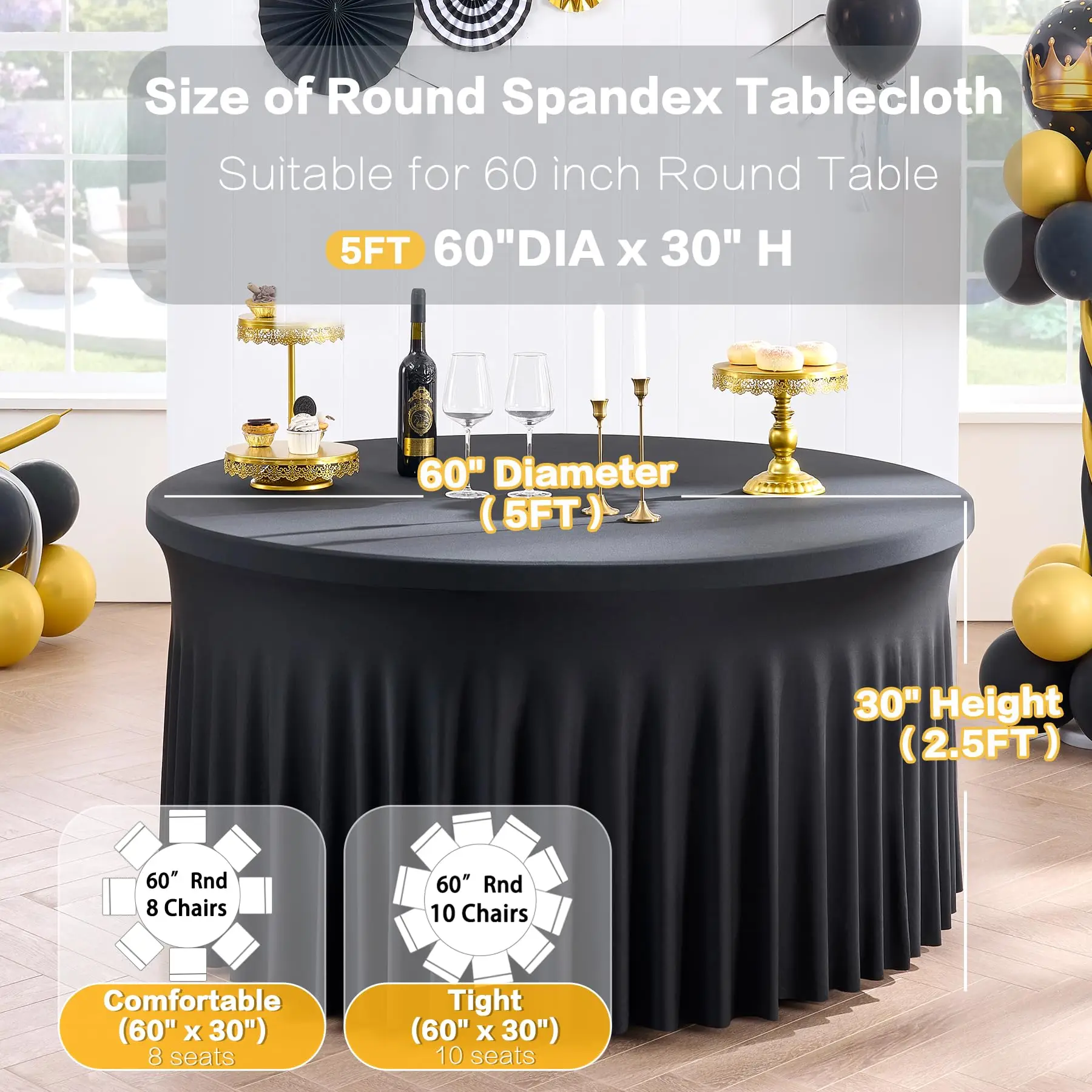 Round Spandex Tablecloth, Wrinkle Free Stretchy Fitted 5FT Round Table Cloths Cover with Skirt for Wedding Birthday Party Dining