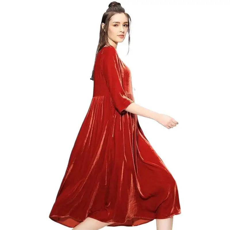  Winter Velvet Dresses Vintage A-line Solid three quarter Sleeve Pockets Casual Spring party Dress velour Dresses