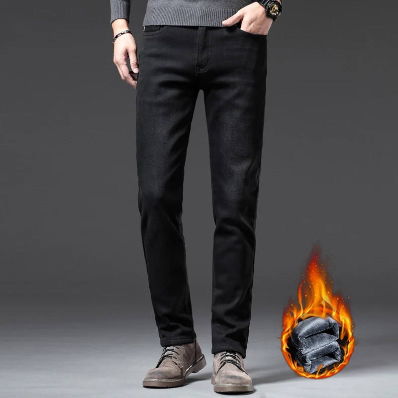 Autumn Winter High Quality Super Thick Fleece Warm Classic Business Casual Fit Straight Men's Cotton Stretch Embroidered Jeans